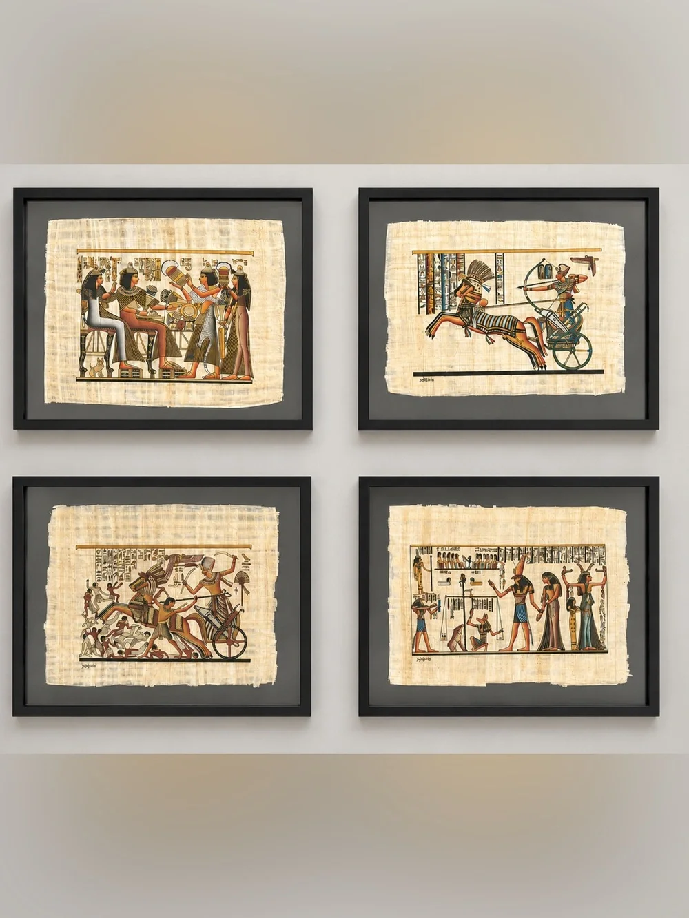 Vintage Framed Egyptian Papyrus Wall Art Set in Black - Tan & Brown set of 4